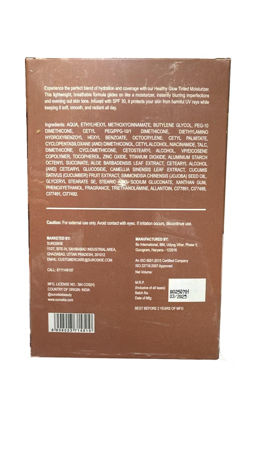 Suroskie My Glow All-In-One Tinted Sunscreen Spf 30 Moisturizer 60 Ml Medium Shade | Natural Glowy Finish | Intense Hydration & Uva/Uvb Protection | Sweat Resistant | Niacinamide Cream For Men & Women