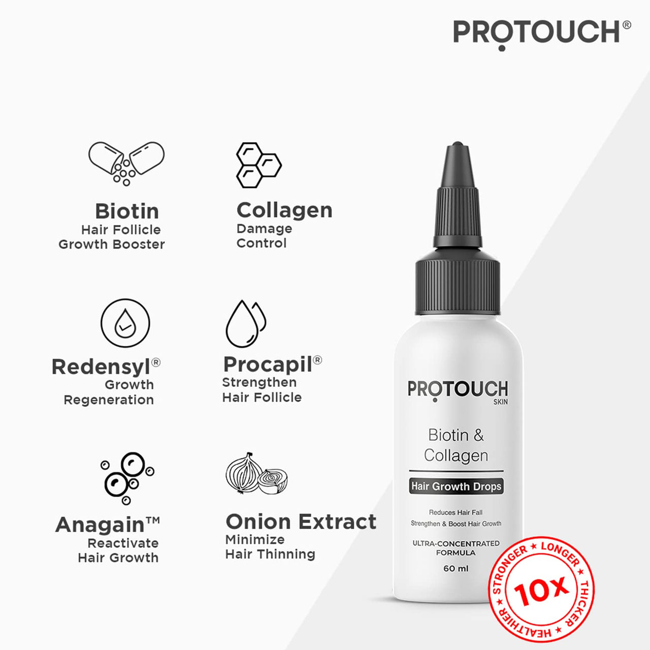 PROTOUCH Advanced Biotin&Collagen Hair Growth Serum With Redensyl,Anagain,Procapil,And Onion Extract For Men&Women - Promotes Hair Growth,Controls Hair Fall - All Hair Types (Pack Of 2)