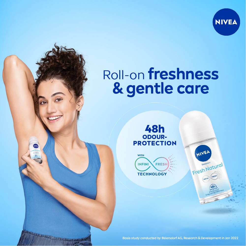 NIVEA Fresh Natural Roll On, 50ml| 48 H Smooth & Beautiful Underarms| 0% Alcohol | For Women