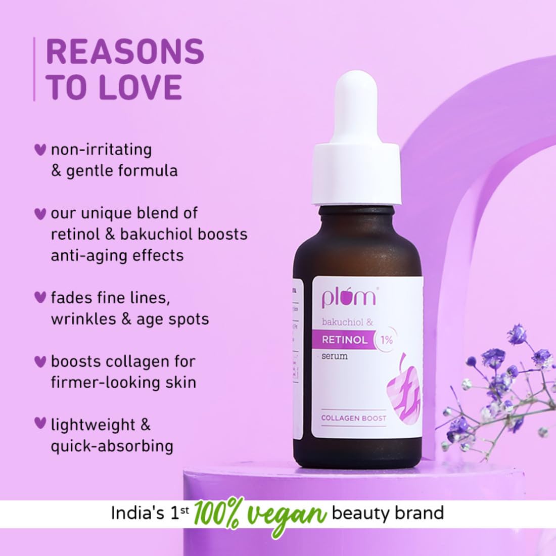 Plum 1% Retinol Anti Aging Night Face Serum with Bakuchiol | Boosts Collagen, Reduces Fine Lines & Wrinkles | Retinol Serum for Face | for Women & Men | Beginner-Friendly | Suits All Skin Types | 20ml
