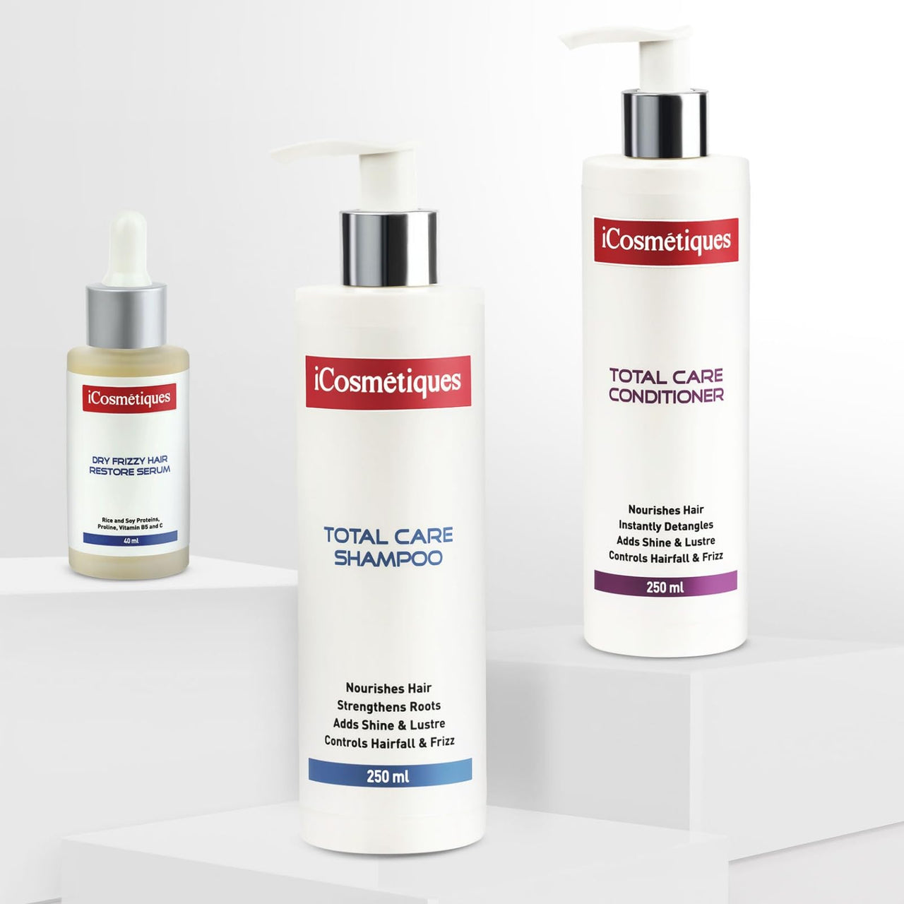iCosmetiques Ultimate Haircare Trio |Nourishing Shampoo, Hydrating Conditioner & Anti-Frizz Serum Trio for Dry, Damaged Hair | Reduces Hair Fall, Frizz & Breakage | Sulphate & Silicone Free | Unisex