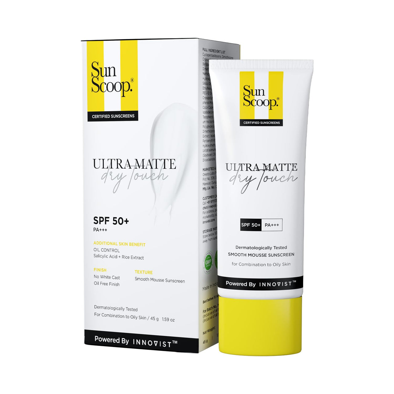 SunScoop Ultra Matte Dry Touch Sunscreen SPF 50 PA+++ |Matte Finish | Zinc Oxide & 0.1%ww Salicylic Acid for Oily Acne Prone Skin | Broad Spectrum, Non Comedogenic & No White Cast|For Women & Men-45gm