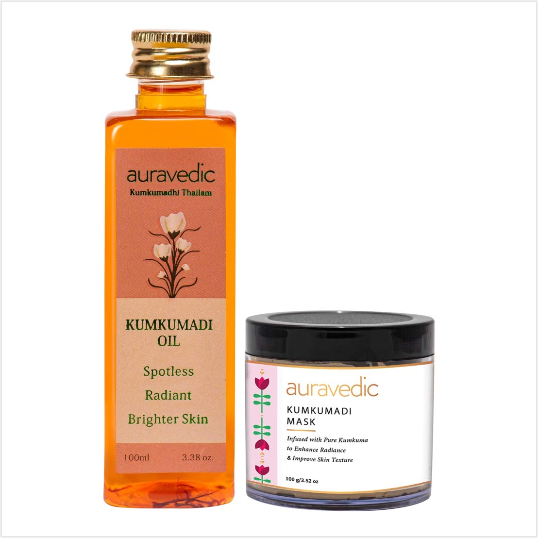 Auravedic Kumkumadi Face Care Duo – Ayurvedic Face Oil & Face Pack for Glowing, Even-Toned Skin (100ml + 100gm).