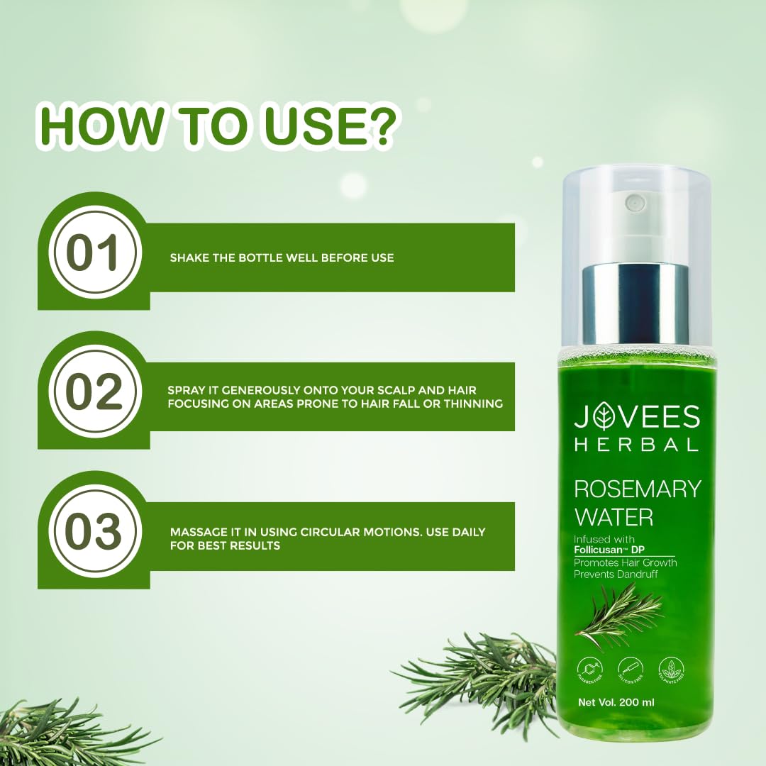 Jovees Herbal Rosemary Water Hair Growth Spray with Follicusan DP (200ml) | Mist Spray for Hair Fall, Strengthens Follicles & Boosts Hair Growth | Adds Shine | Non-Greasy, Lightweight Hair Tonic | For All Hair Types | Reduces Dandruff & Scalp Protection