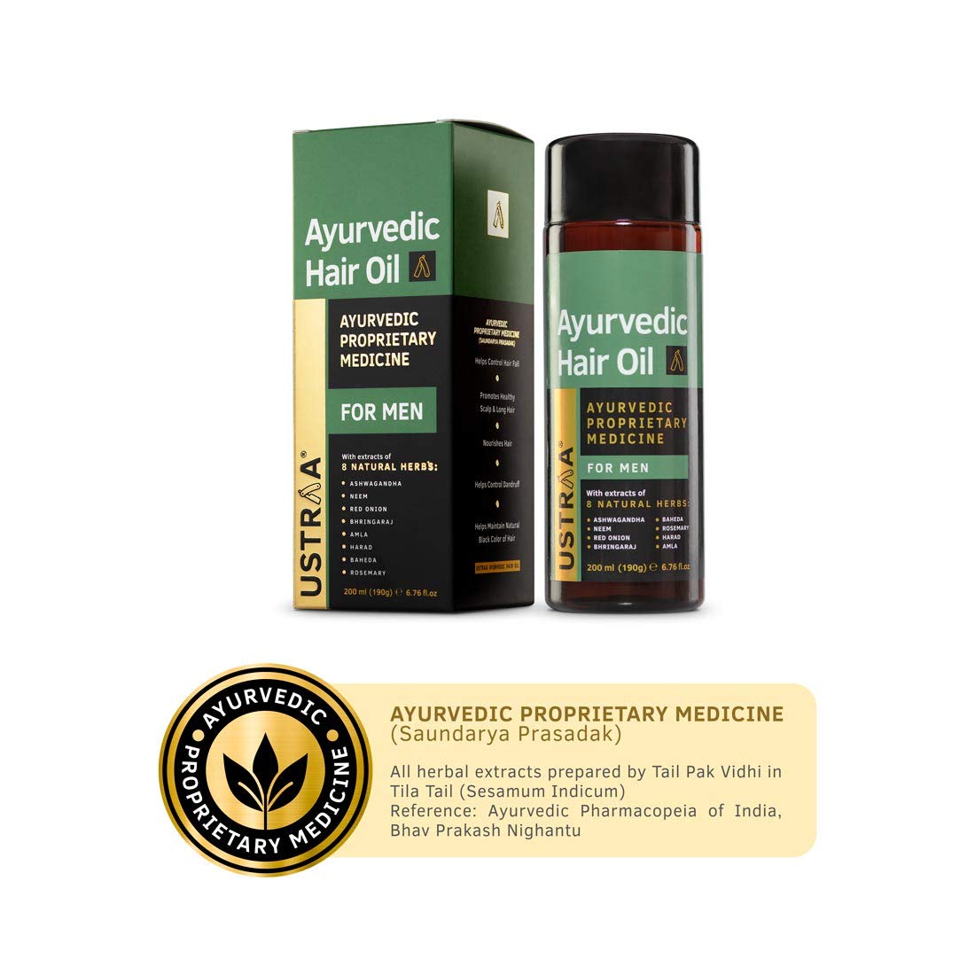 Ustraa Ayurvedic Hair Oil - 2 x 200 ml | with 8 Natural Herb extracts | Controls hair fall, Fights Dandruff | No SLS, No Parabens, No Silicone, No Mineral Oil (Set of 2)