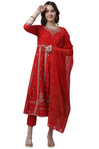Women's  Rayon Slub Embroidered Kurta Set With Dupatta