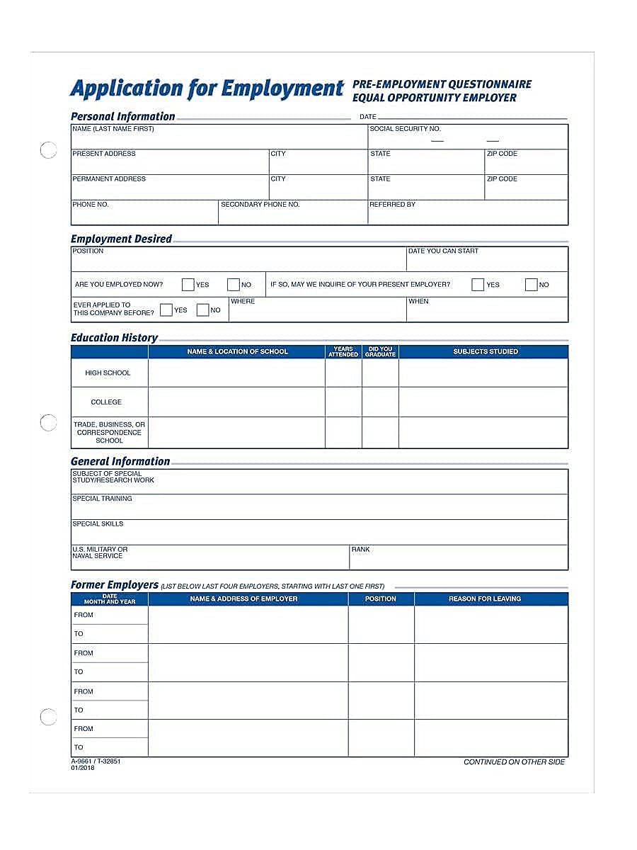 Adams Applications for Employment, 8.5 x 11 Inch, 3-Hole Punched, 50-Sheets/Pack, 2-Pack, White (9661)