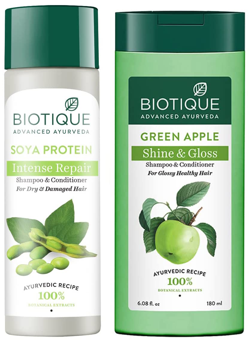 Biotique Bio Green Apple Fresh Daily Purifying Shampoo and Conditioner for Oily Scalp and Hair, 180m & Biotique Bio Soya Protein Fresh Nourishing Shampoo, 190ml