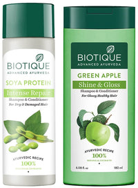 Biotique Bio Green Apple Fresh Daily Purifying Shampoo and Conditioner for Oily Scalp and Hair, 180m & Biotique Bio Soya Protein Fresh Nourishing Shampoo, 190ml