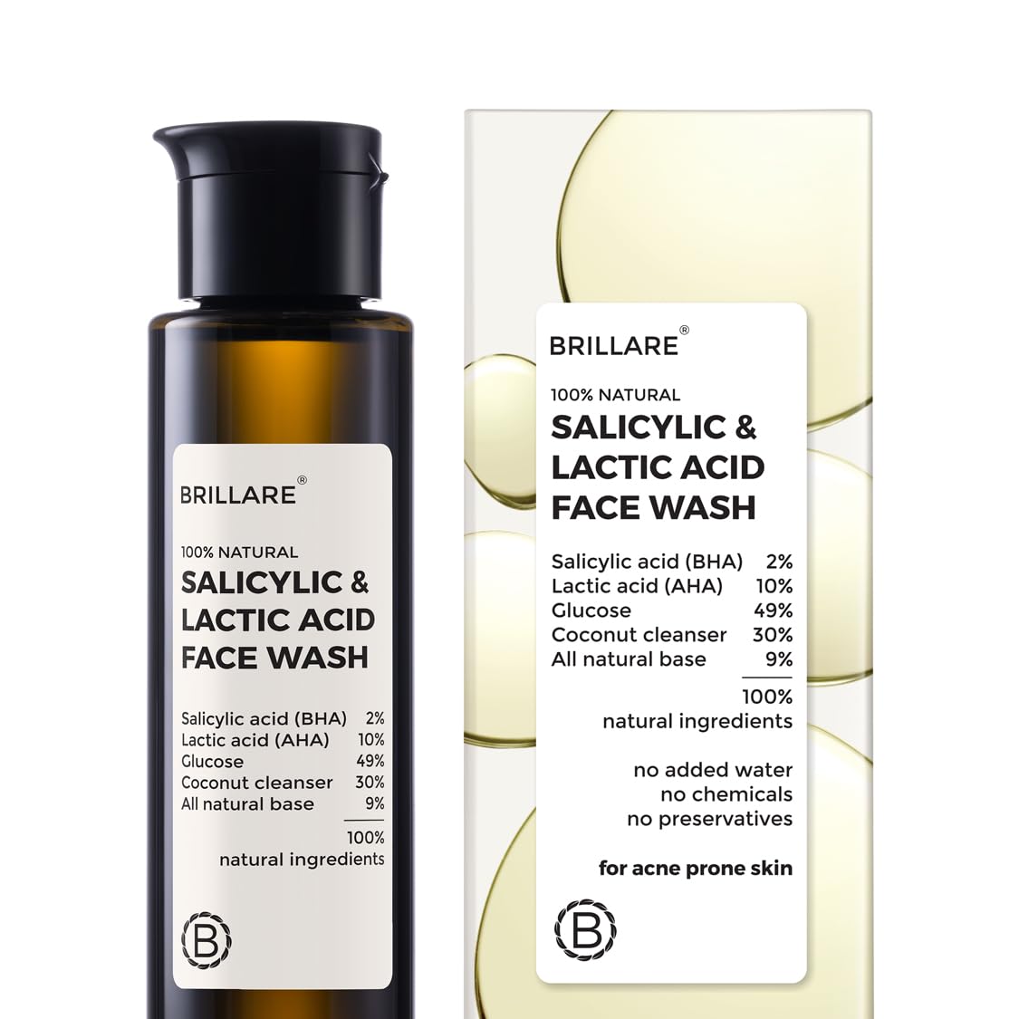 Brillare 2% Salicylic & Lactic Acid Face Wash | Deep Cleansing, Oil Control & Acne Care | With Zinc for Oily & Sensitive Skin (100ML)