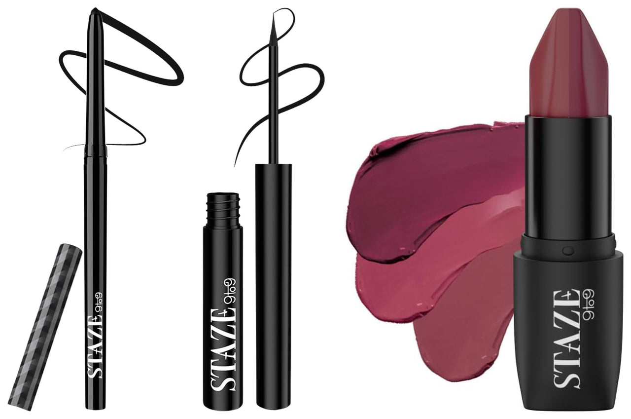 Staze 9to9 All Eyes & Lips On You Trio | Kajal + 3 In 1 Lipstick (Truffle Blush) + Liner Makeup Combo |12 Hrs Long Lasting Transfer-proof | Non-drying Formula with Intense Color Payoff | Lightweight & Comfortable | 4.1 g