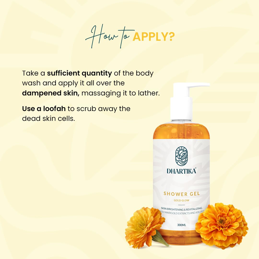 Dhartika Gold Glow Shower Gel - Target Spots & Blemishes, Combat Pigmentation, pH-Balanced Formula, Revitalizing Body Wash (GOLD)