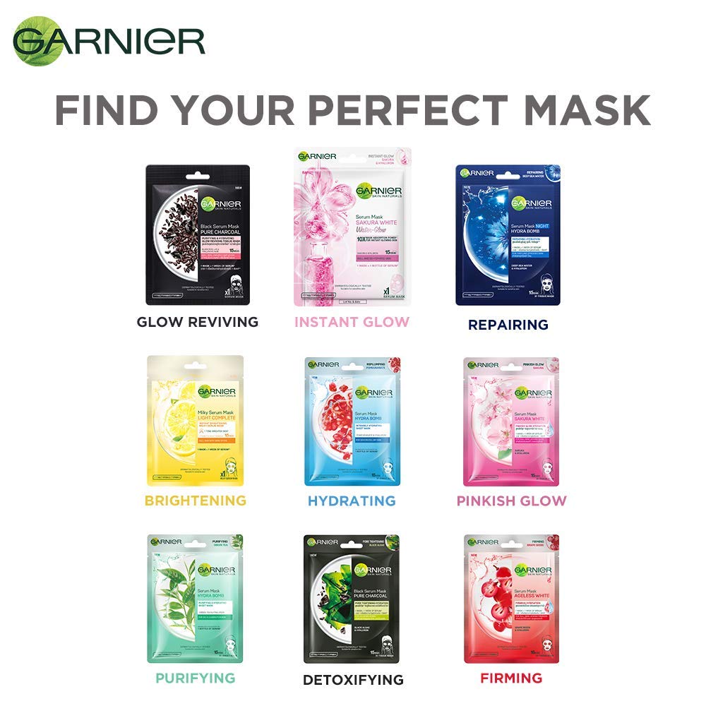 Garnier Sakura White Water Glow Serum Sheet Mask, Face Sheet Mask for Women, 28g