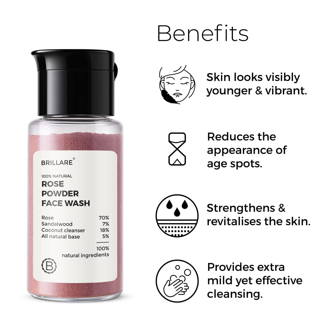 Brillare Rose Face Wash, Anti Ageing Skin, Sandalwood & Coconut Face Wash for Hydration, Reduce Wrinkles & Provides Supple Look, 100% Natural Powder Face Wash, 15g