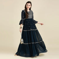 madhuram Women and Girls Fox Georgette Boat Neck with 3/4 Sleeve and Sequence Embroidery Lace Work Anarkali Gown