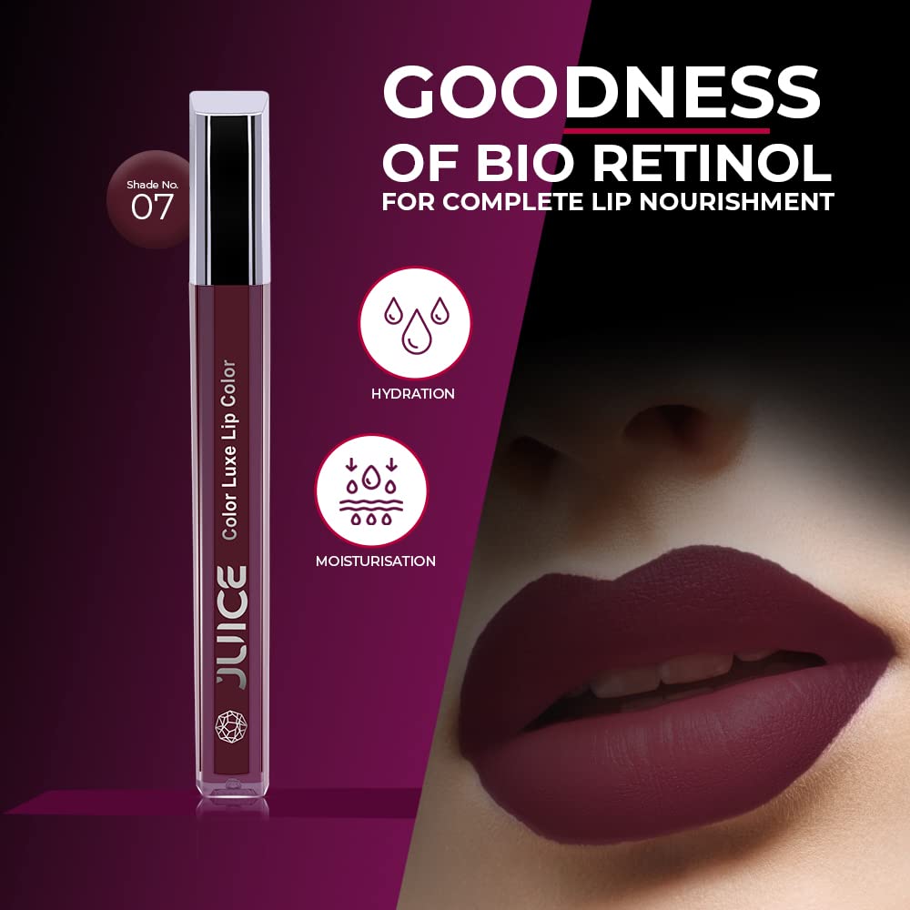 JUICE Matte Lipstick with Goodness of Bio Retinol, Moisturising lock technology, SPF 15 Waterproof & Long Lasting Red Wine M07
