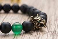 Karseer Viking Wolf Head Charm Healing Crystal Stress Relief Anti Anxiety Energy Stone Beaded Bracelet Antique Bronze Wolf