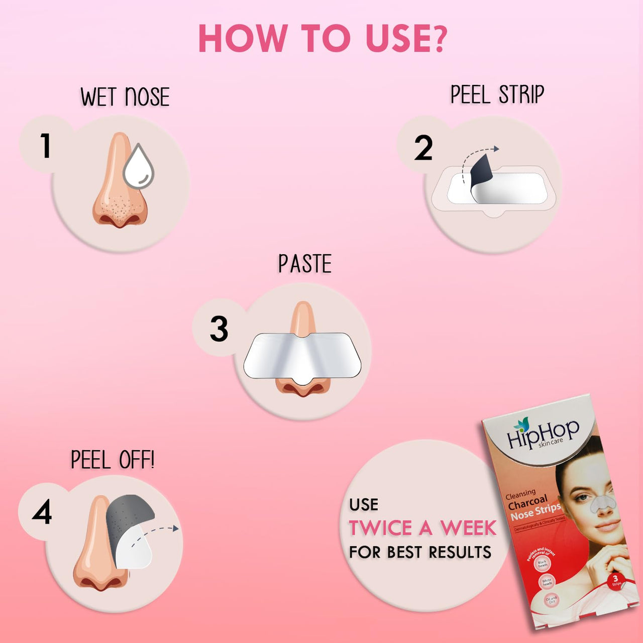 HipHop Skincare Cleansing Charcoal Nose Strips for Women - Blackhead Remover & Pore Cleanser (3 Strips)