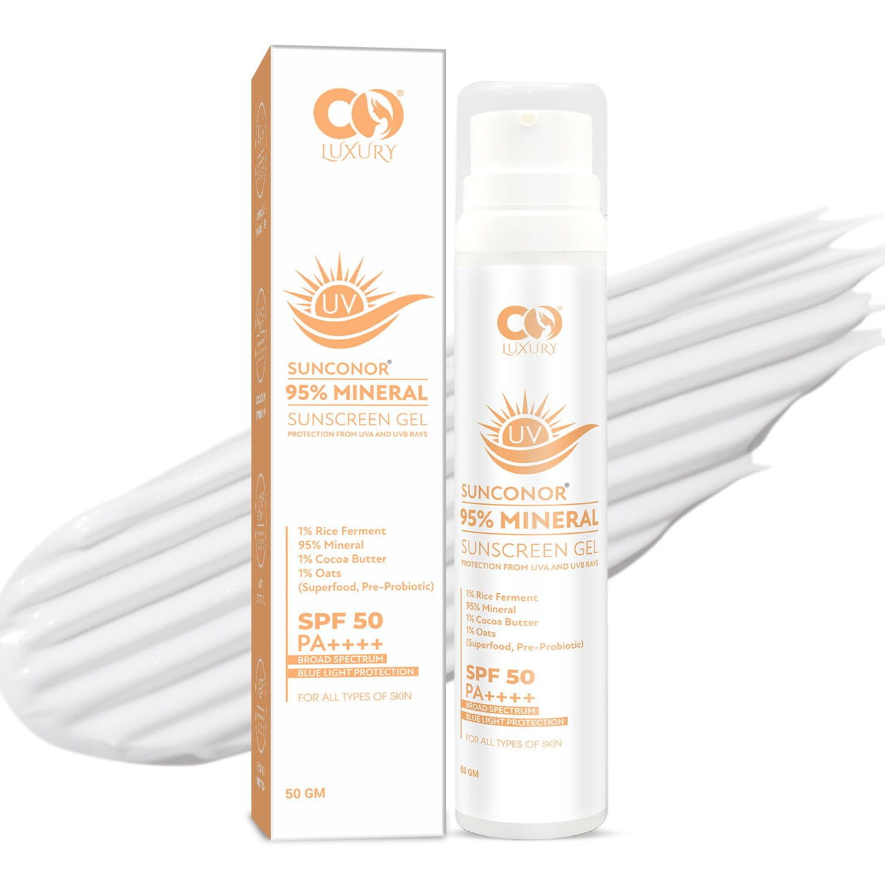 CO LUXURY SPF 50 PA++++ 95% Mineral Sunscreen | Water Resistant Upto 8 hours | Non-greasy | Lightweight | No White Cast | Broad spectrum | Dermatologist Prescribed | For Sensitive skin |50gm