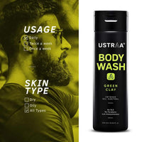 Ustraa Body Wash-Green Clay - 2 x 250 ml - Intense Oil Control - Removes Excess Oil, No post-shower Dryness, Intense Foaming without Sulphates (Set of 2)