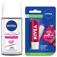 NIVEA Women's Deodorant Roll On, Whitening Smooth Skin, 50Ml And Lip Balm, Fruity Cherry Shine, 4.8G, 2 count
