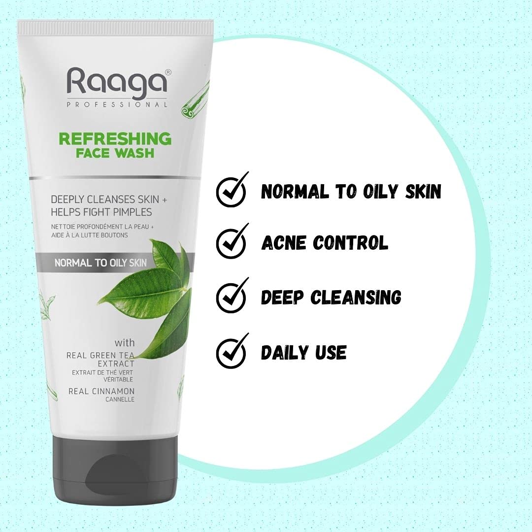 Raaga Professional Refreshing Facewash with Green Tea Extract and Cinnamon Extract | For Normal to Oily Skin | Deeply Cleanses Skin & Helps Fight Pimples (80 ml)