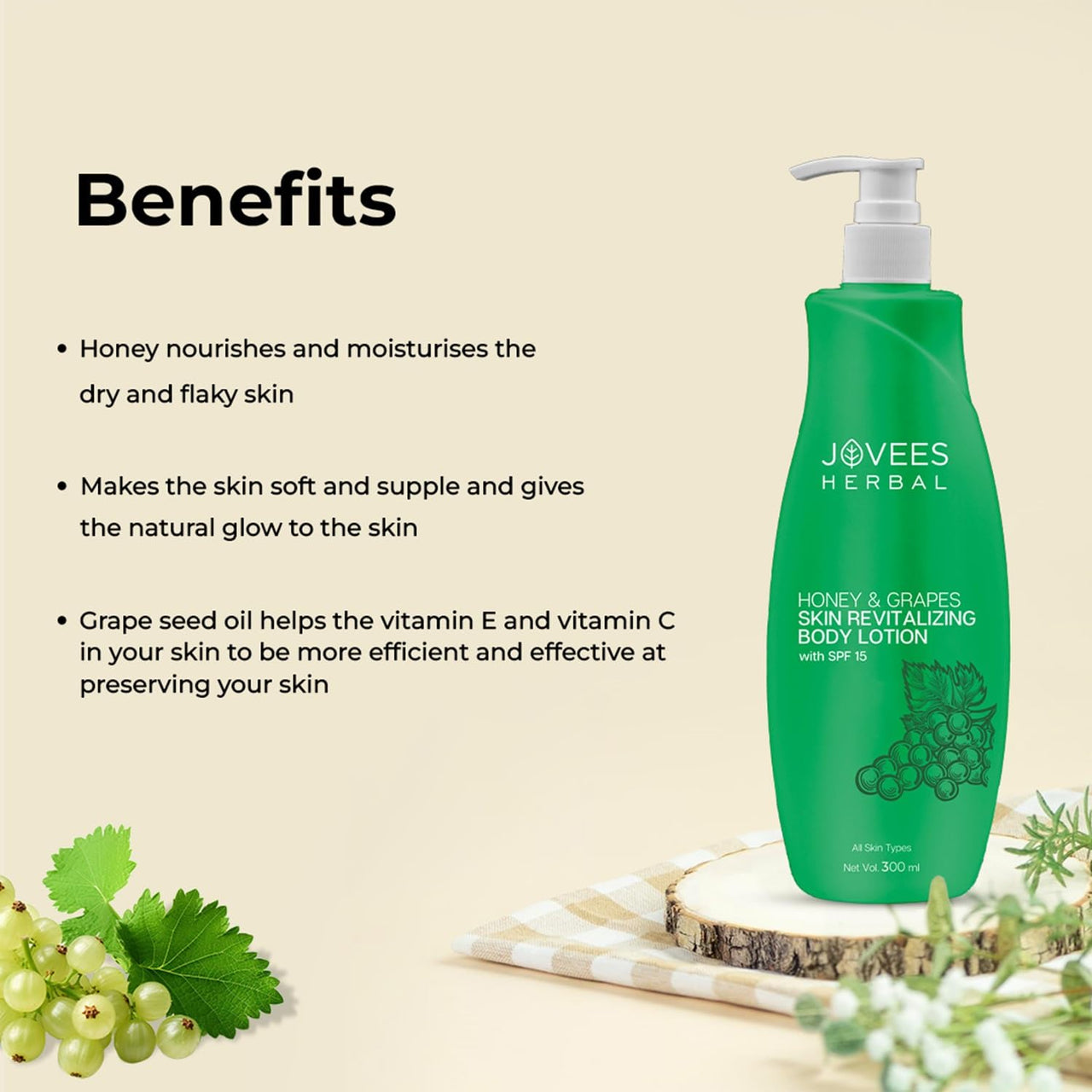 Jovees Herbal Honey & Grape Body Lotion For Nourished, Smooth And Deep Hydrated Skin, Lightweight, Non Greasy & Healthy Looking Skin, For Dry Skin 300ml