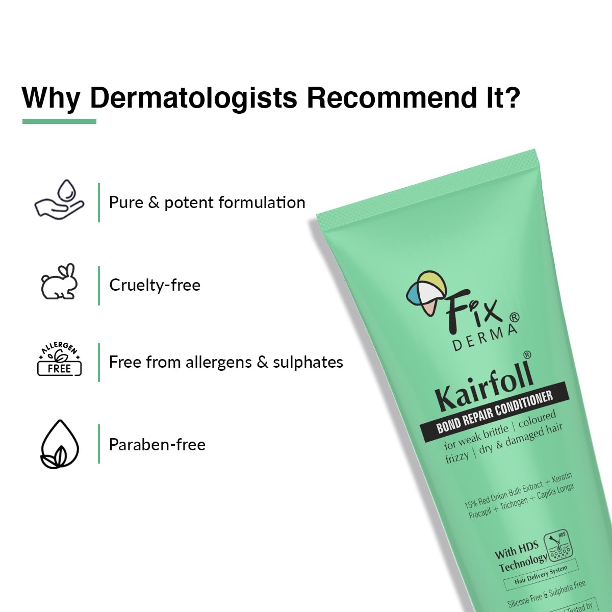 FIXDERMA Kairfoll 15% Red Onion Conditioner With Castor Oil for Growth, Bond Repair for Coloured Hair, Women's Conditioner for Dry & Frizzy Hair - 200 Millilitre