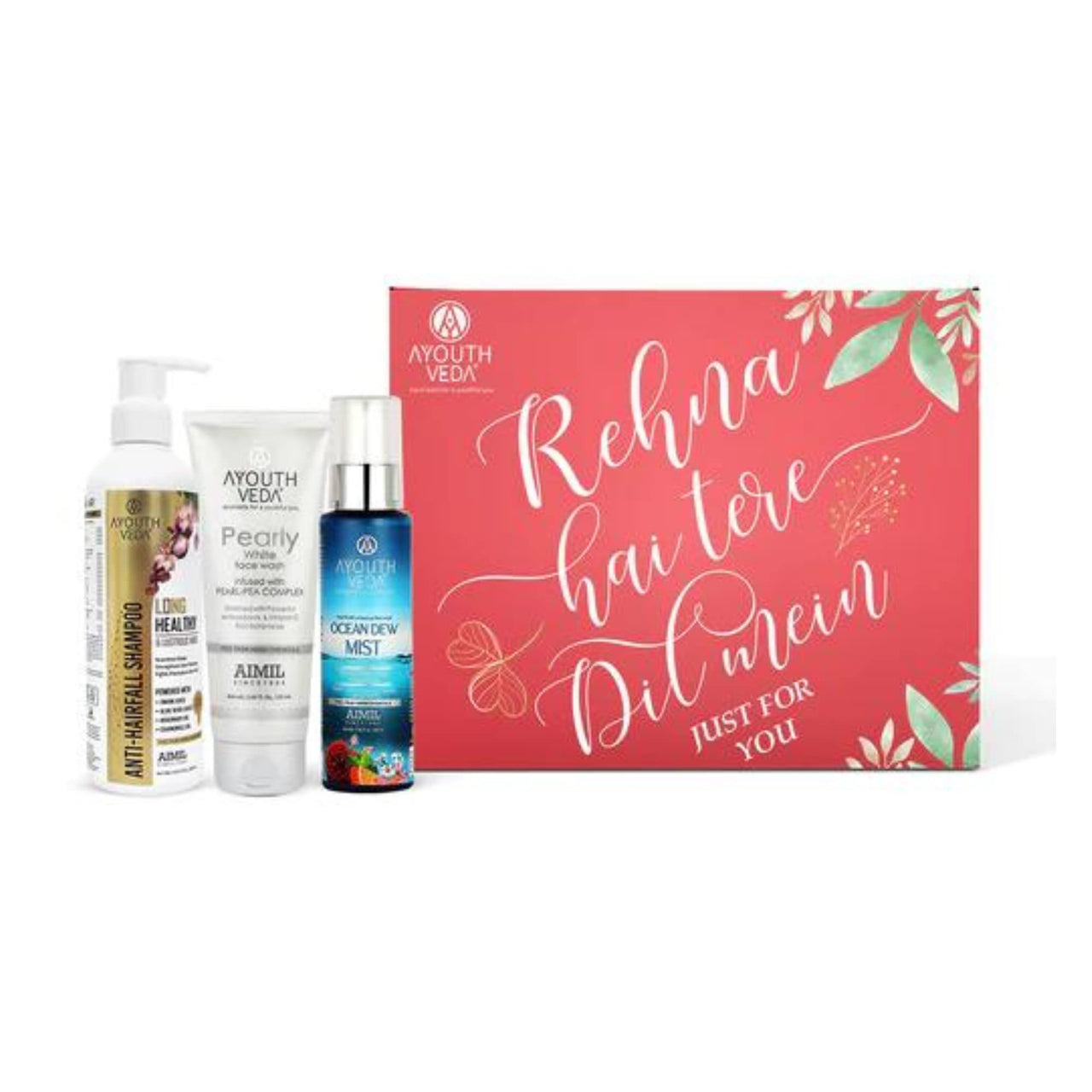 Ayouthveda Luxury Hair & Skin Care Gift Box | includes Pearly White Face Wash, Anti-Hairfall Shampoo & Ocean Dew Mist | for Glowing & Rejuvenated Skin | Valentine Day Giftset (Pack of 3)