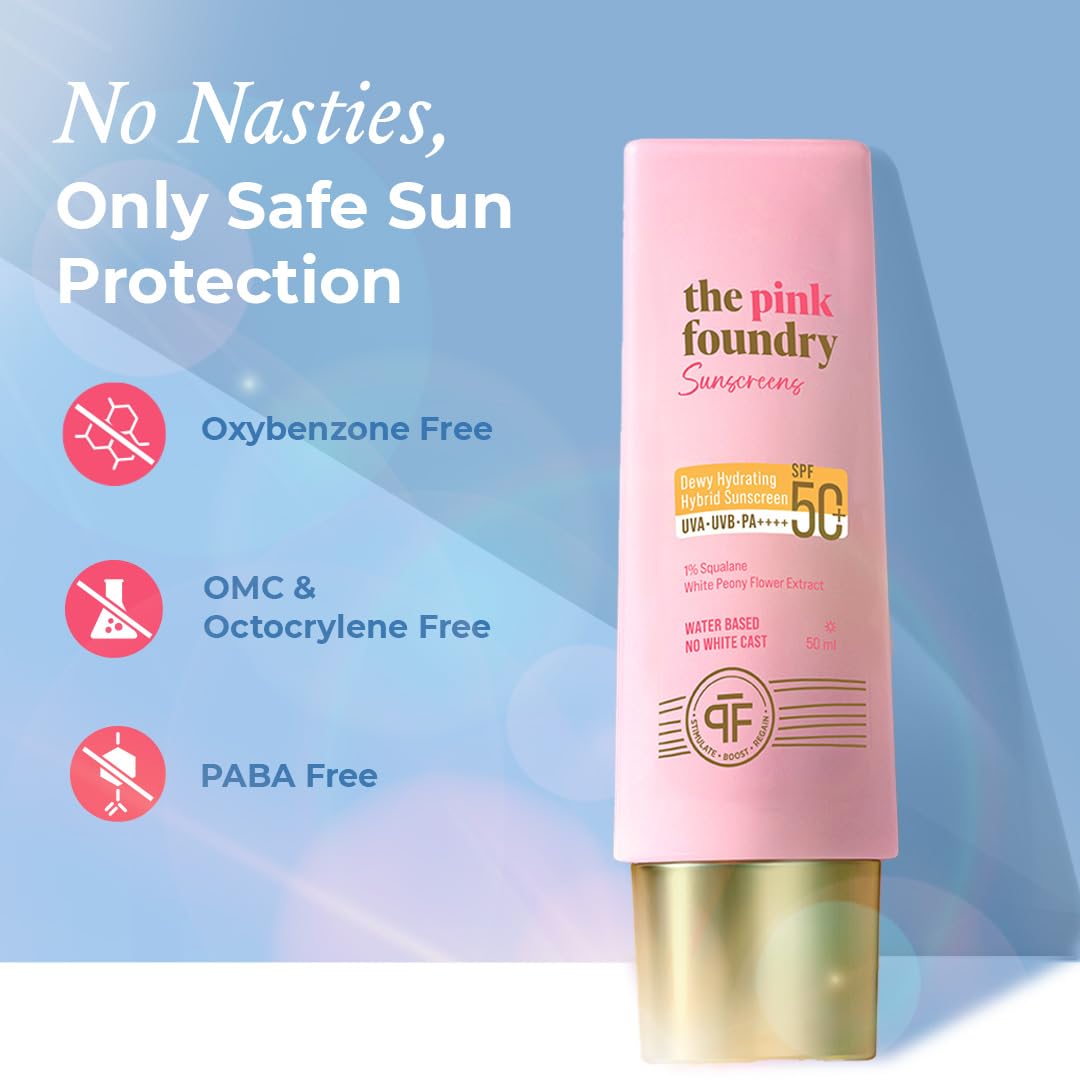 The Pink Foundry Dewy Hydrating Hybrid Sunscreen SPF 50+ | UVA UVB PA++++ | 1% Squalane & White Peony Flower Extract | No White Cast | Water Based | All Skin Types | Fragrance Free | Vegan | 50 ml