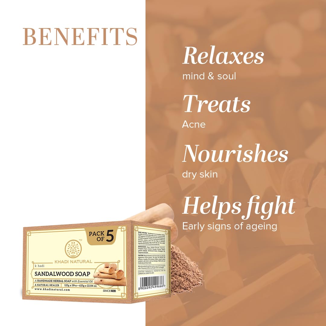 Khadi Natural Sandalwood Soap | Natural Handmade Soap | Herbal Bathing Soap for Hydrated Skin | Natural Soap with Essential Oils | Suitable for All Skin Types | Pack of 5(125gx5) (625g)