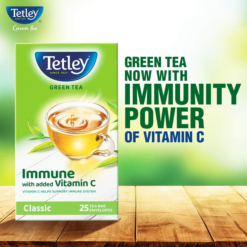 Tetley Green Tea Immune, With Added Vitamin C, Classic Green Tea Flavour, 25 Tea Bags, 1.3 Gram X 25