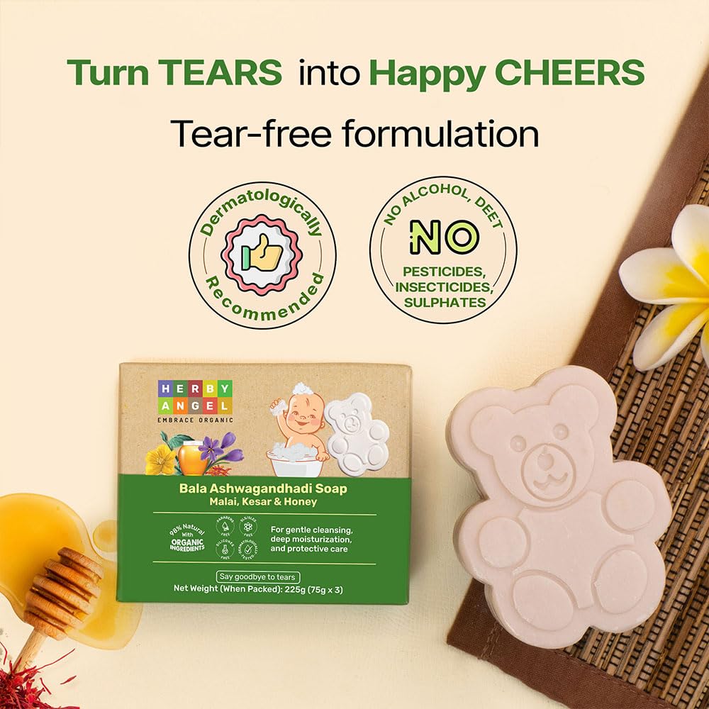 Herby Angel Natural Soap for Babies & Kids with Tear-Free Formula | Parabens, SLS/SLES and Silicones Free | Dermatologically Tested | Pack of 3 (75 Grams Each)