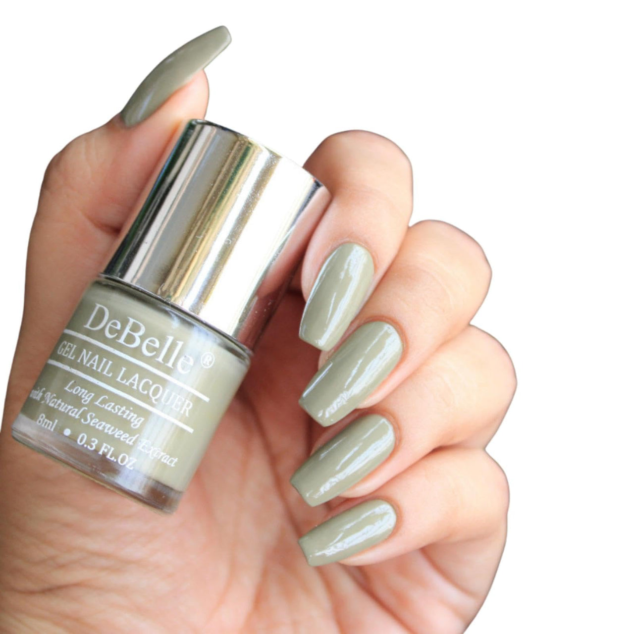 DeBelle Gel Nail Polish Olive Jade(Pastel Olive Green Nail Paint)|Non UV - Gel Finish |Chip Resistant | Seaweed Enriched Formula| Long Lasting|Cruelty and Toxic Free| 8ml