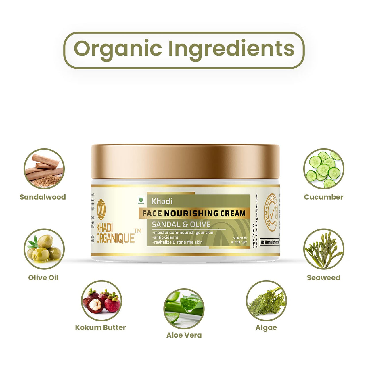 Khadi Organique Sandalwood & Olive Natural Face Moisturizing Nourishing Cream | Reduce Wrinkles & Fine Lines | Suitable for Men & Women of all Skin Types - 50gm