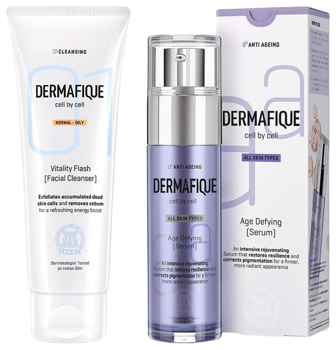 Dermafique Vitality Flash Facial Cleanser – 100ml O Age Defying Face Serum with Vitamin E – 50g