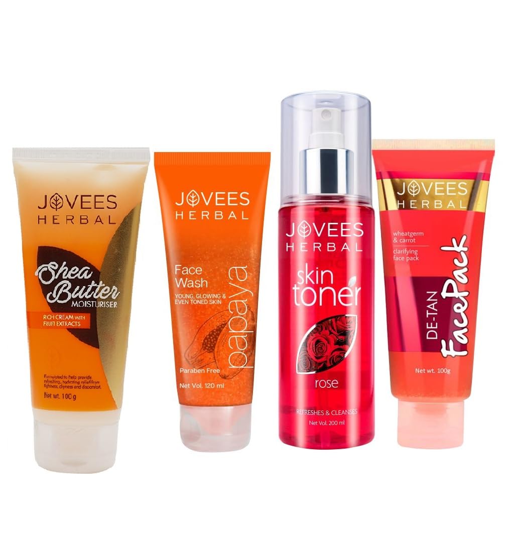 Jovees Herbal Shea butter Moisturiser (100g) + Papaya Face wash (120ml) + Rose Toner (200ml) + De- Tan Pack (100g) Set Of 4