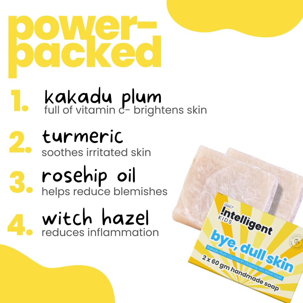 Tuco® Kids Bye, Dull Skin Soap Pack of 2X60gm with Turmeric | Perfect for Dull & Sensitive Skin | Paraben & Sulphate Free | Ages 2-5, 5-10, 10-15 | 2x 60gm