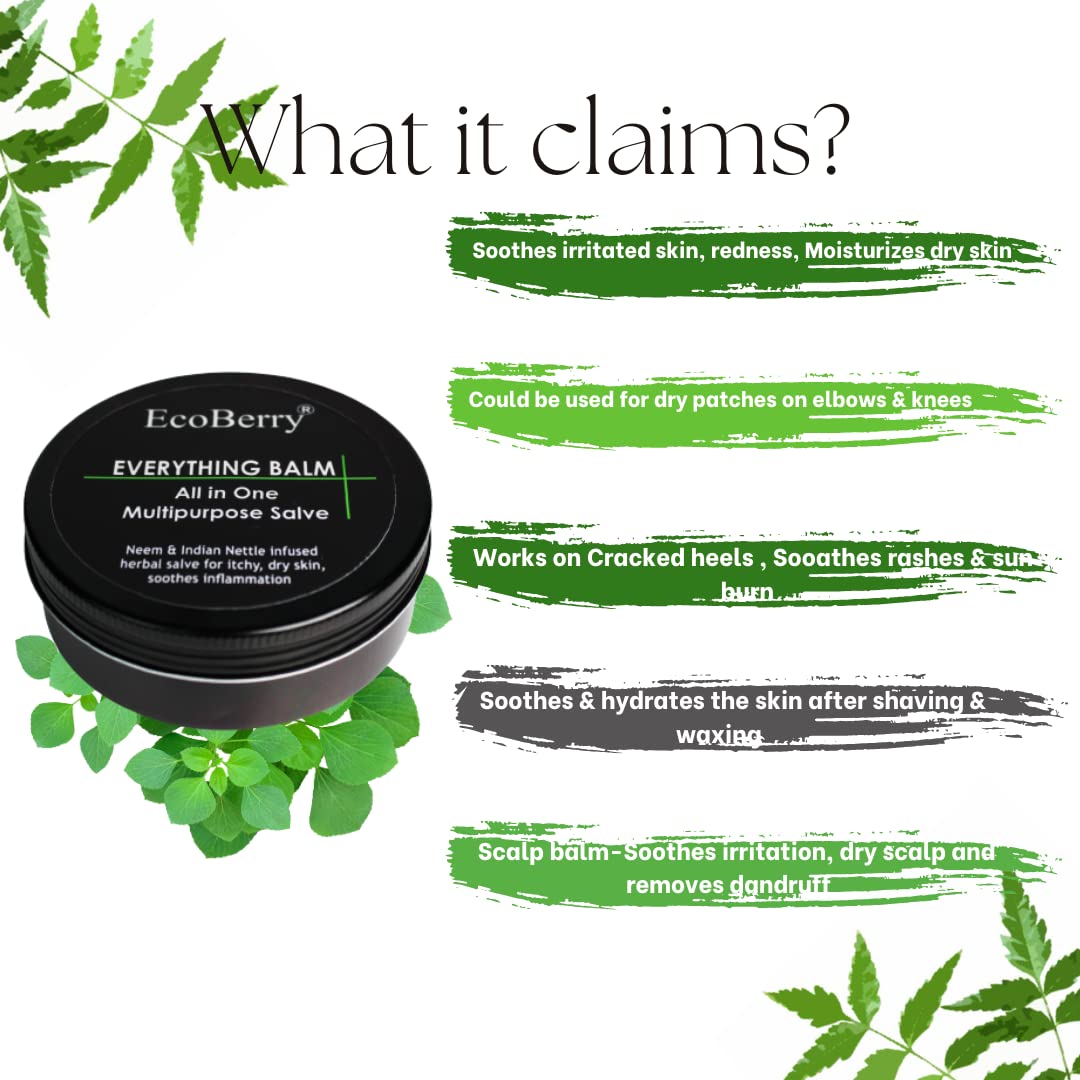 EcoBerry Everything Balm, All In One Multipurpose Balm, Moisturizing, Hair Conditioning, Anti-dandruff, Makeup Remover, Effective on Skin Rashes Insect Bites, Natural, Chemical Free, Paraben Free, Veg