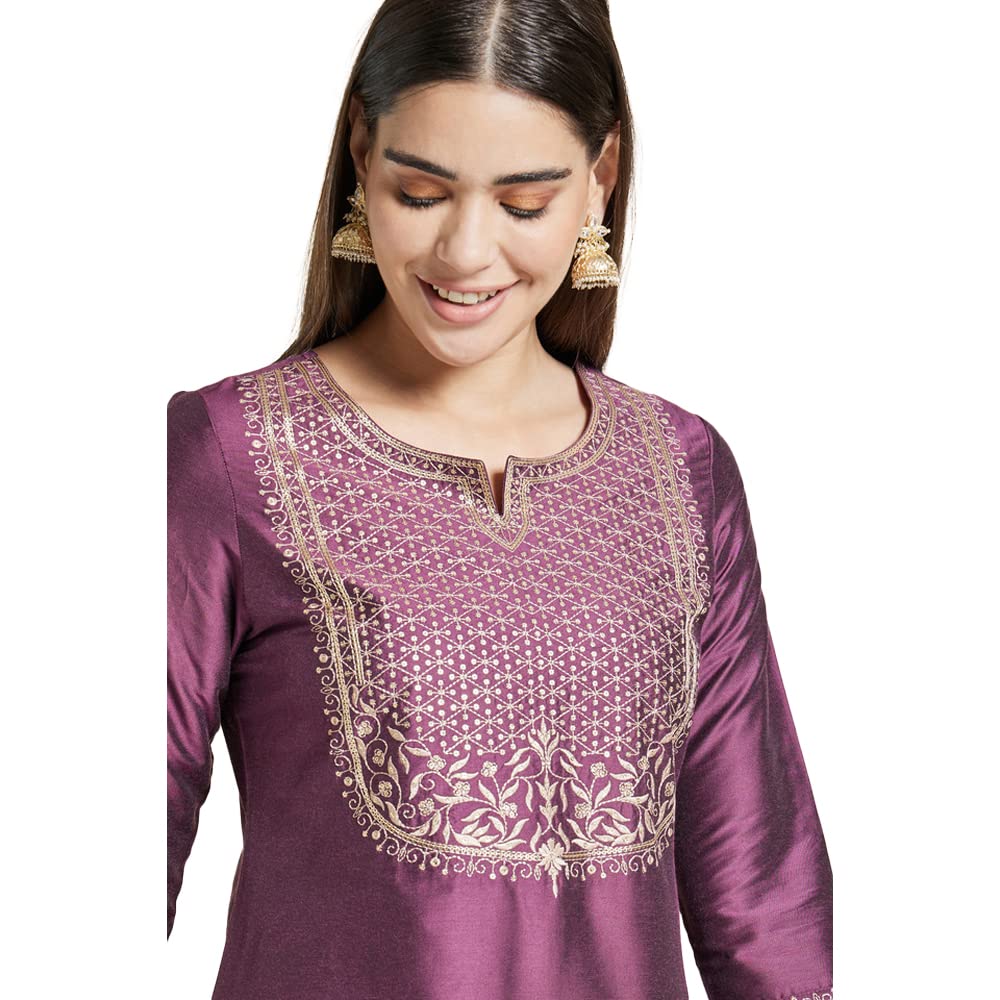 Kashish Women's  Viscose Embroidered Round Neck Straight Fit Kurta