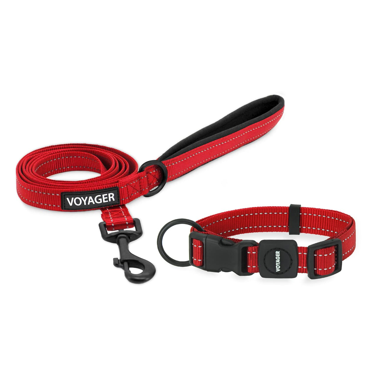 Voyager Reflective Dog Leash Collar Set with Neoprene Handle Supports Small, Medium, and Large Breed Puppies, Cute and Heavy Duty for Walking, Running, and Training - Red, M Leash Collar Set (Red) Leash Collar Set (3/4")