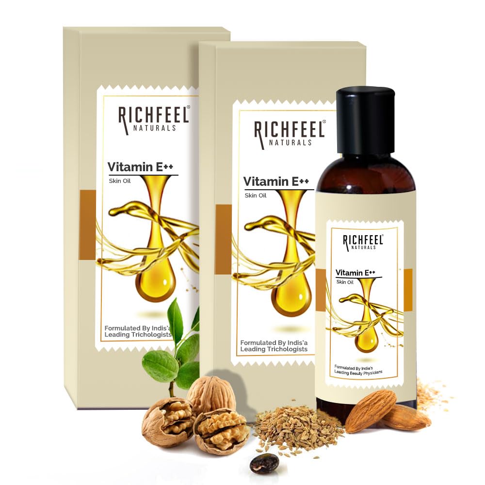 Richfeel Vitamin E++ Oil, 80ml - Pack of 2 | Blend of Almond, Wheatgerm, Walnut & Carrot Oils | Antioxidant | Fight Dullness, Damage & Ageing of Skin | Anti-Stretch Marks and Scars
