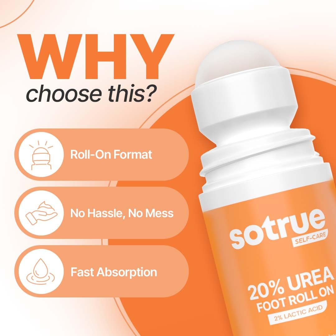 Sotrue 20% Urea Foot Cream Roll-On for Dry & Cracked Heels | 2% Lactic Acid, Olive Oil & Vitamin E | Helps Repair and Moisturise Cracked Heels | Dermatologically Tested | 50ml