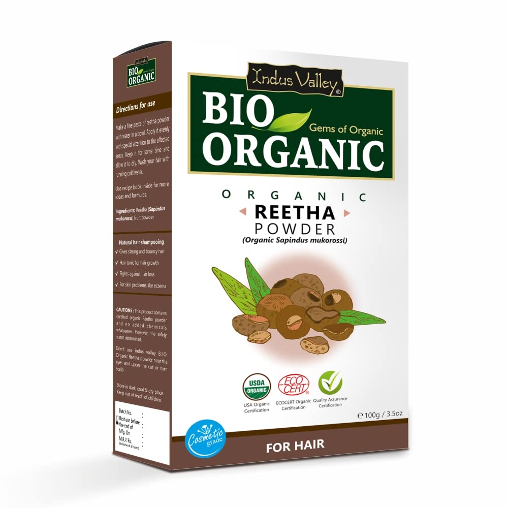 INDUS VALLEY Organic Amla Powder Indian Gooseberry, Shikakai Powder Acacia concinna, Reetha Powder Sapindus mukorossi and Bhringraj Powder Eclipta alba for, Hair and Skin Care (100x4 = 400g) - Green