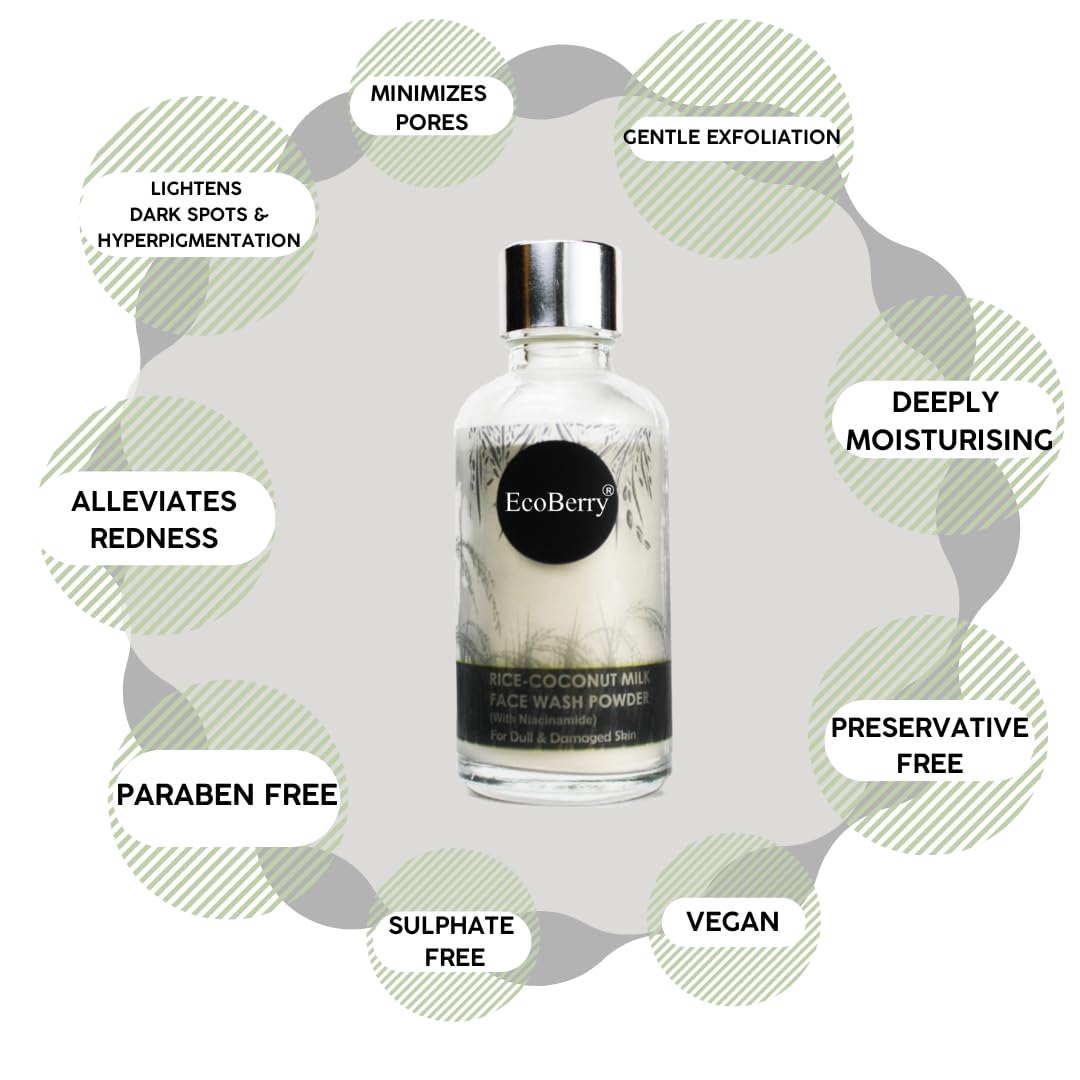 EcoBerry Rice Coconut Milk Face Wash Powder | Talc Free, Hypoallergenic, Sensitive Skin 100% Pure, Organic | Natural | Alcohol Free | Preservative Free | Chemical Free | Vegan, 30g