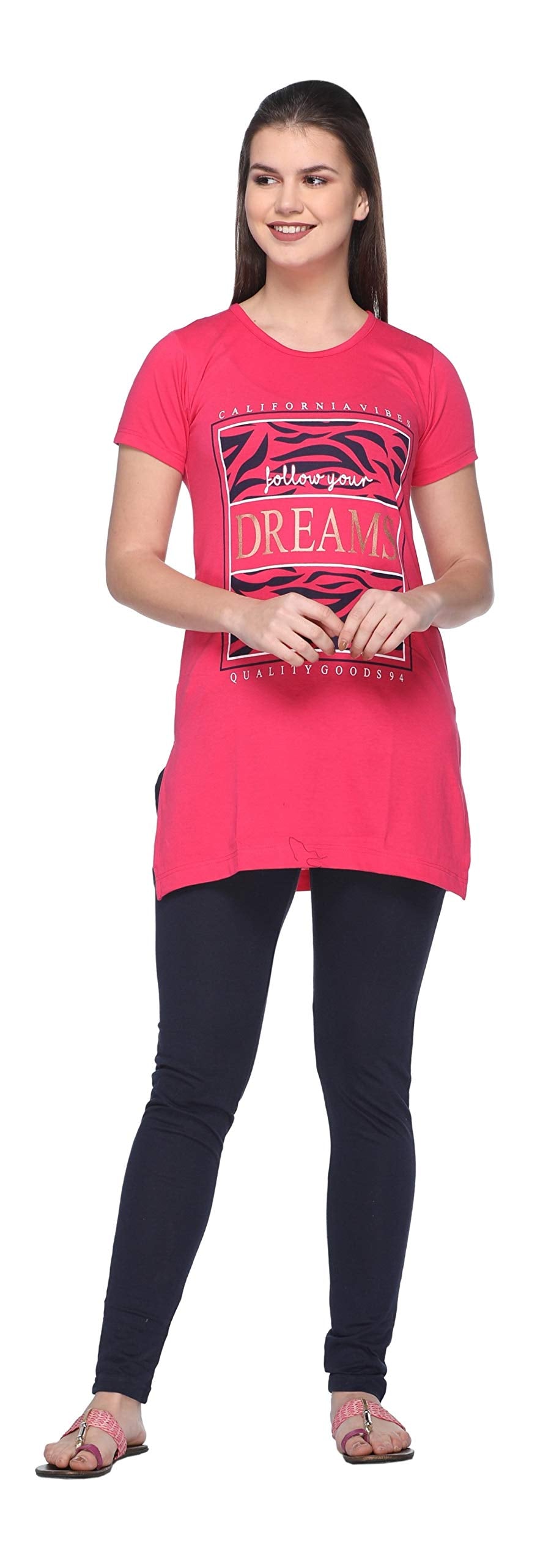 In Love Ladies Long Knee Length Chest Printed Side Slits Tshirts