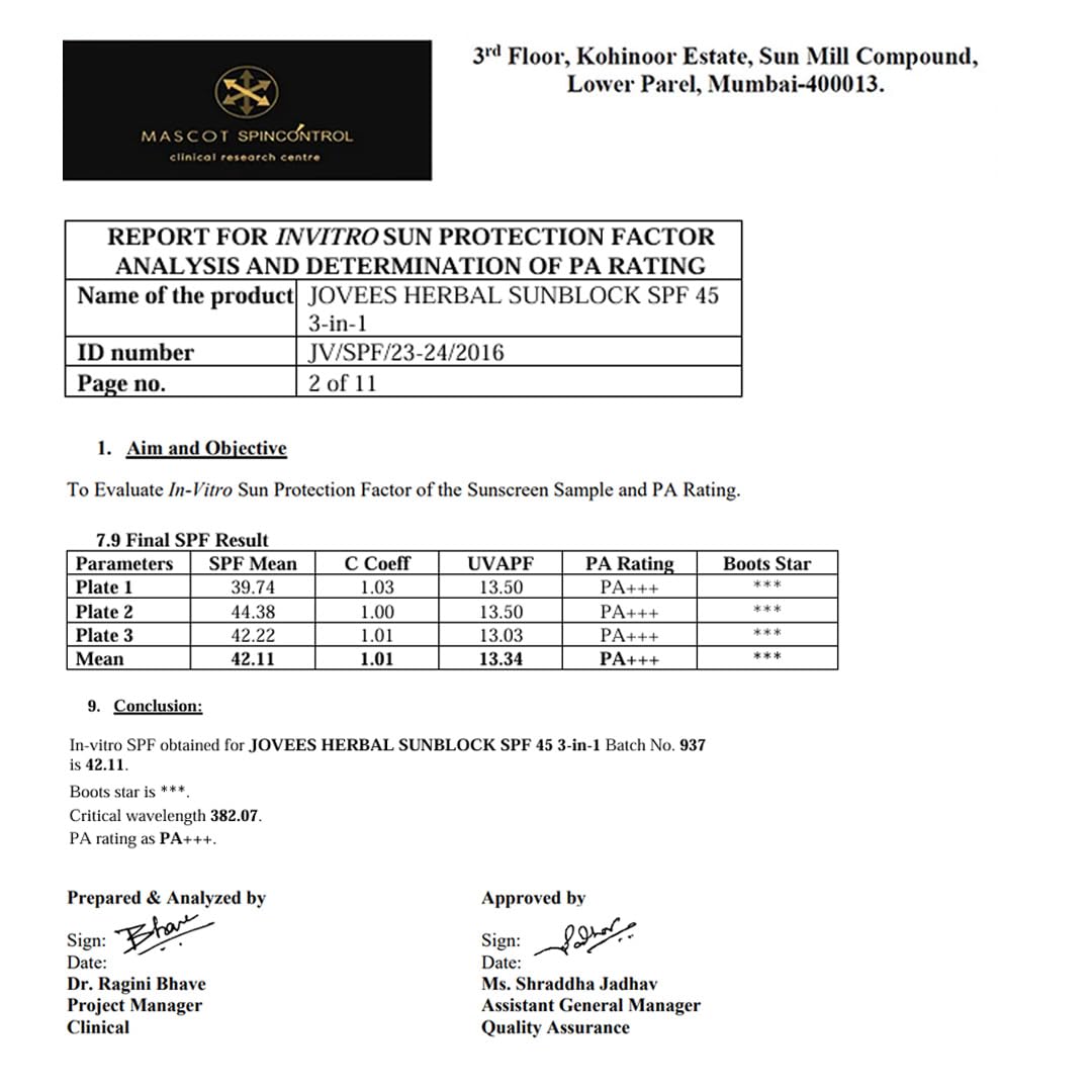 Jovees Herbal Sun Block SPF 45 For Even Toned & Glowing Skin | Suitable For Dry Skin | Sunscreen for UVA/UVB & Blue Light Protection | Lightweight & Non Grassy for Men & Women 50g (Pack of 2)