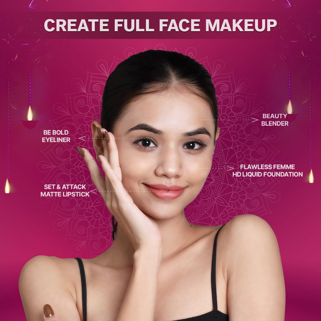 FLiCKA Wedding & Anniversary Gift Makeup Box Combo Pack | Flawless Foundation, Beauty Blender, Set & Attack Lipsticks, Be Bold Eyeliner, Vanity Box | Best Gift hamper for Sister, Girlfriend, Wife, Mother