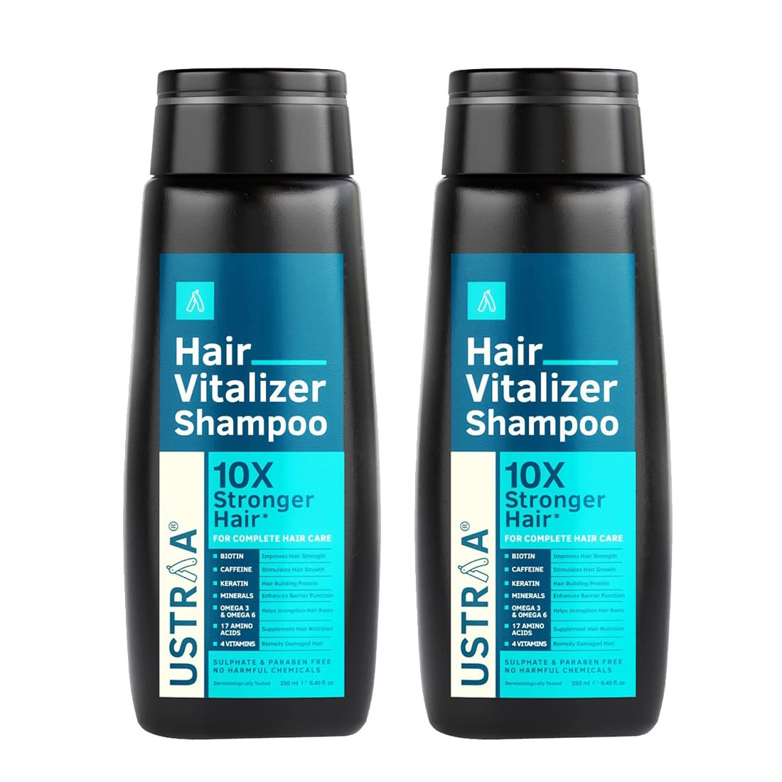 Ustraa Hair Vitalizer Shampoo - 2 x 250ml - Dermatologically Tested, With Biotin, Caffeine, Omega 3 & Omega 6, 10x Stronger Hair, Helps in Hair Growth, Reduces Hairfall (Pack of 2)