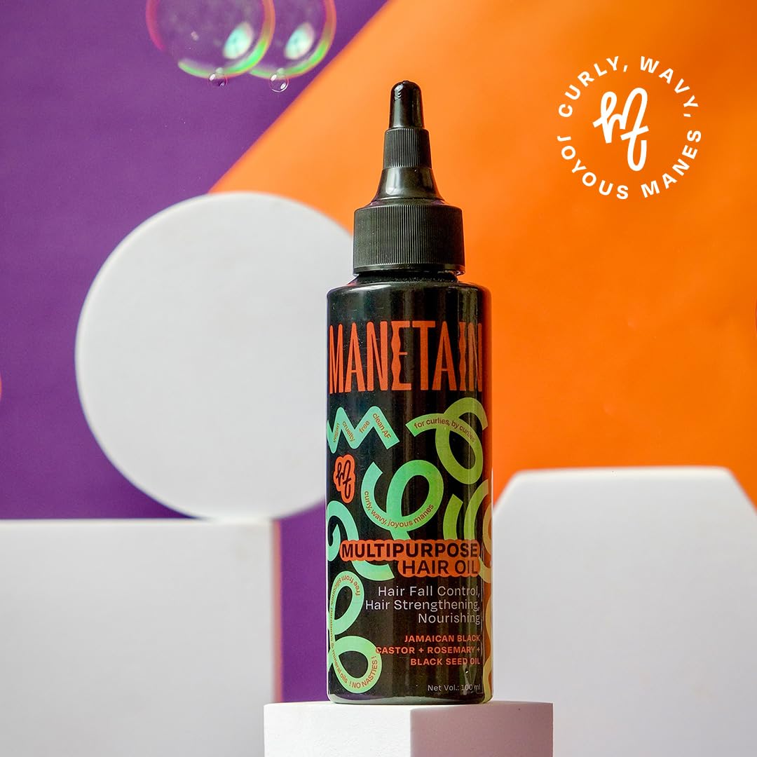 MANETAIN Multipurpose Hair Oil 100ml for Curly Hair, Wavy Hair | Nourishing Elixir for Hair Fall | Frizz-fighting & Strengthening with Jamaican Black Castor, Rosemary & Black Seed Oils | Multipurpose Hair Oil with 12 Natural Oils | Lightweight, Non-Greasy